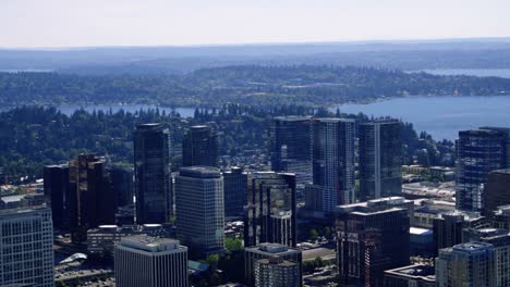 Zoomed-In-Helicopter-Aerial-of-Bellevue-Skyline-Buildings