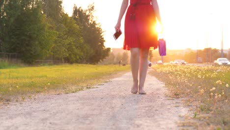 Woman-in-red-dress-with-shopping-bag-walking-along-road-in-countryside