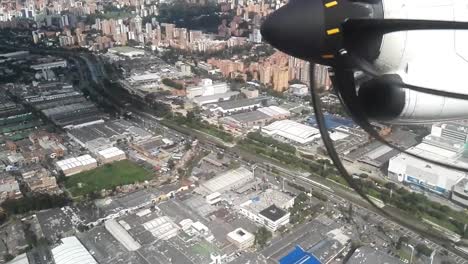 Colombian-city-of-Medellin.-Buildings,-metro,-mountains-and-river.