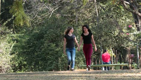 Zwei-Freundinnen-zusammen-zu-Fuß-in-den-Park,-die-Hand-in-Hand