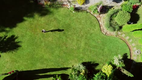 Vista-aérea-de-la-persona-en-el-jardín-alrededor-de-la-casa.