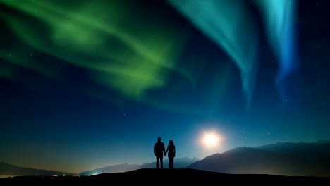 The-couple-standing-on-a-mountain-against-a-sky-with-northern-light.-time-lapse