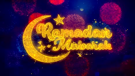 Ramadán-Mubarak-desea-texto-sobre-partículas-de-explosión-de-fuegos-artificiales-coloridos.