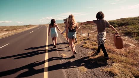 Hipster-Multi-Ethnic-Group-Walk-Down-Highway-Shoulder-Together