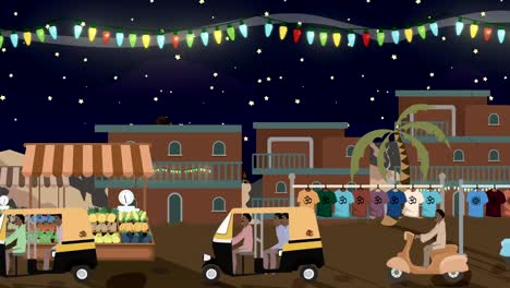 Busy-Indian-Market-with-Rickshaws-Passing-by-at-Night-in-Cartoon-Style