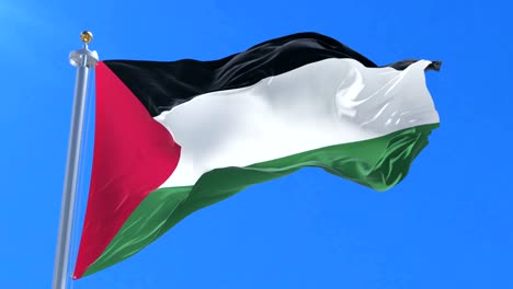 Flag-of-Palestine-waving-at-wind-with-blue-sky-in-slow,-loop