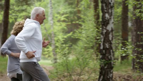 Fröhliche-älterer-Mann-und-Frau-im-Wald-Joggen