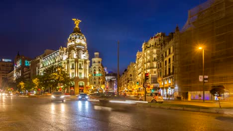 Timelapse-centro-madrid-gran-vía-en-el-momento-del-crepúsculo,-España