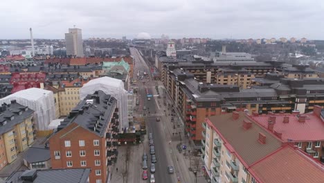 Aerial-view-over-city-street-in-Stockholm,-Sweden