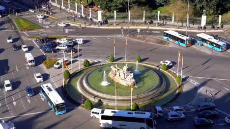 Aerial-view-of-Cibeles-fountain-at-Plaza-de-Cibeles-in-Madrid-in-a-sunny-day