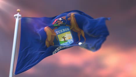 Bandera-del-estado-estadounidense-de-Michigan-al-atardecer,-región-de-los-Estados-Unidos-bucle