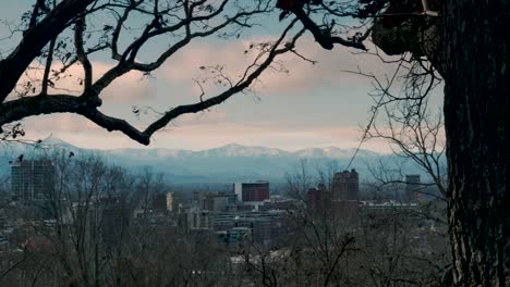 Dolly-shot-of-downtown-Asheville,-NC-day