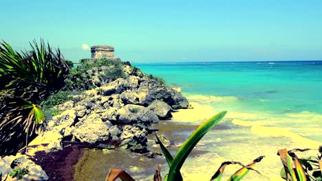 Ruinas-mayas-de-templo-de-playa,-primer-plano