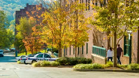 Von-Bäumen-gesäumten-Straße-im-Herbst-in-Asheville,-NC,-City-Polizei