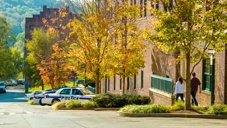 Fall-Tree-lined-Street-at-Asheville,-NC-City-Police-Station