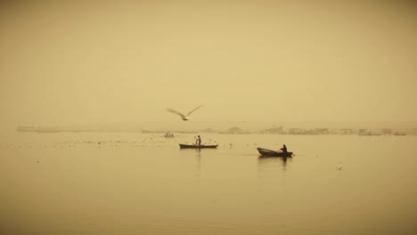 Boat-and-Seagulls,-Ganges-River,-Varanasi,-India.