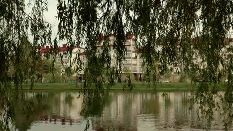 House-on-the-river-beach.-Autumn-daytime.-Smooth-dolly-shot.