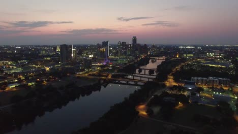 Aerial-view-of-Austin-skyline-at-night---Austin,-Texas,-USA