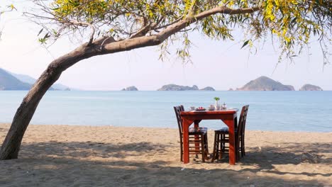 Turkish-breakfast-at-beach-by-sea,-Fethiye,-Turkey