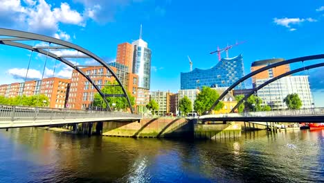 Speicherstadt-district-in-Hamburg-city,-Germany-(Time-Lapse)