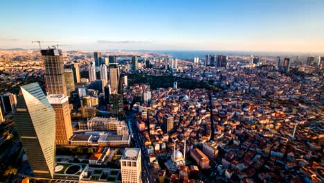 Zoom-out-timelapse-rooftop-view-of-Istanbul-business-district-and-Golden-horn