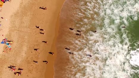 Jóvenes-divirtiéndose-en-la-playa-de-arena-en-Portugal,-Praia-do-Beliche,-Sagres,-vista-aérea