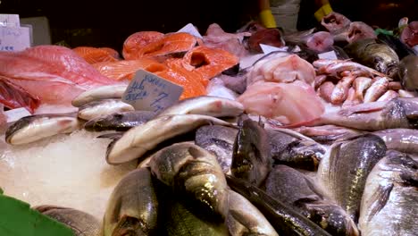 Escaparate-con-pescados-y-mariscos-en-hielo-en-el-mercado-de-La-Boqueria-pescado.-Barcelona.-España