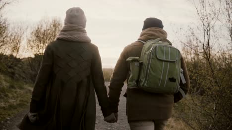 Back-view-of-young-couple-walking-together-in-national-nature-park.-Man-and-woman-holding-hands-and-talking