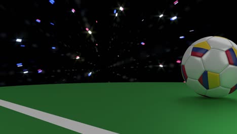 Soccer-ball-with-the-flag-of-Colombia-crosses-the-goal-line-under-the-salute,-3D-rendering