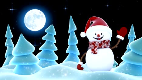 Lustiger-Schneemann-im-roten-Santa-Hut-Gruß-mit-Händen-und-lächelnd-in-Wald.-Wunderschöne-3d-Cartoon-Animation.-Animierte-Greeting-Card-Frohe-Weihnachten-und-ein-frohes-neues-Konzept.