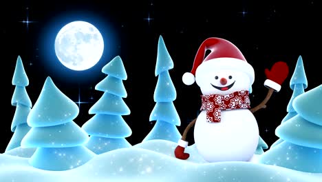 Funny-Snowman-in-Red-Santa-Hat-Greeting-with-Hands-and-Smiling-in-Forest.-Beautiful-3d-Cartoon-Animation.-Animated-Greeting-Card.-Merry-Christmas-and-Happy-New-Year-Concept.