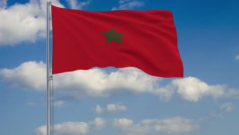 Flag-of-Morocco-against-background-of-clouds-floating-on-the-blue-sky