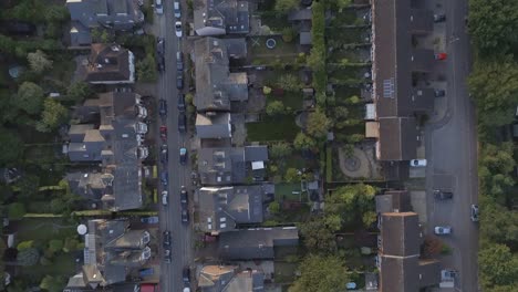 Birds-Eye-View-of-English-Streets,-Houses-and-Gardens