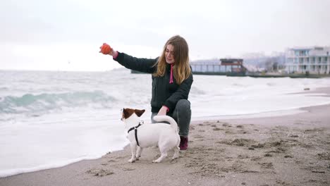 Young-woman-playing-with-dog-Jack-Russel-on-the-beach-near-the-sea,-slow-motion