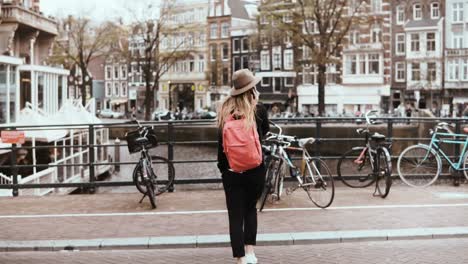 Pretty-lady-crosses-street-talking-on-the-phone.-4K.-Young-creative-happy-female-businesswoman-talks-on-a-river-bridge