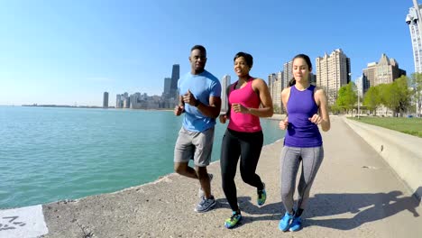 Multi-Ethnic-American-male-and-females-running-Chicago