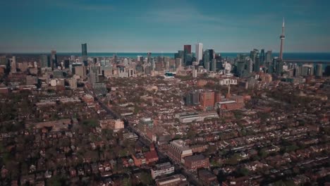 Drone-aerial-looking-at-downtown-of-large-city