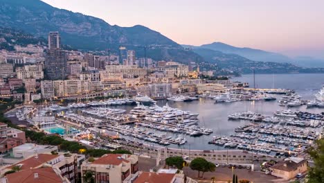 Monaco-Ville-city-skyline-day-to-night-timelapse,-Monte-Carlo,-Monaco-4K-Time-lapse