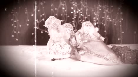 Drei-lustige-Musikanten-Santa-Claus-mit-ihren-gaben-Spaß-haben,-tanzen,-feiern-und-gratulieren-im-wirbelnden-Schnee-und-am-Ende-die-Inschrift-Frohe-Weihnachten.