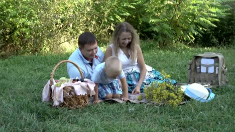 Glückliche-Familie:-Vater,-Mutter-und-ein-kleines-Kind-hatten-ein-Picknick-im-Park.-Sie-spielen-und-Lächeln-sitzen-auf-dem-Rasen.