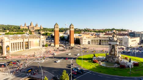 Timelapse-Barcelona-City-Plaza-de-España-im-Sommersaison,-Spanien