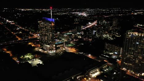 Aerial-of-Downtown-Austin,-Texas-at-Night