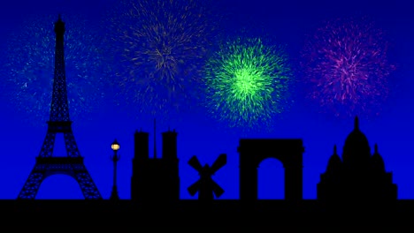 Skyline-von-Paris,-Animation-mit-Feuerwerk