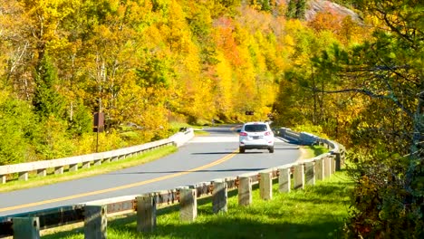 Toma-panorámica-de-los-árboles-al-vehículo-en-otoño-color-BlueRidge-Parkway