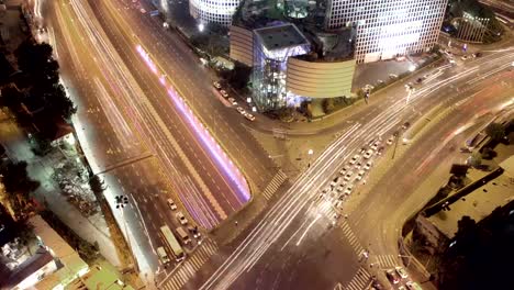 Aerial-view.-Crossroad-at-night.-Time-lapse.