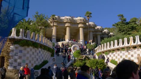 gaudi-park-guell-sunny-day-crowded-main-entrance-4k-barcelona-spain