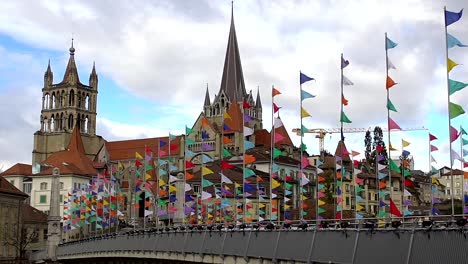 Beautiful-Gothic-cathedral-in-Lausanne-old-town,-sightseeing-tour-to-Switzerland