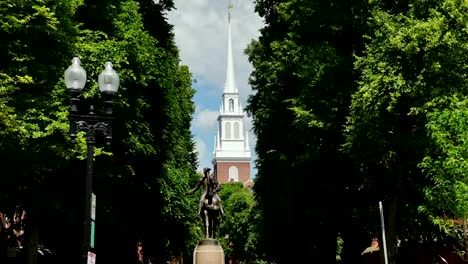 Establishing-Shot-of-Paul-Revere-Statue-Near-Old-North-Church