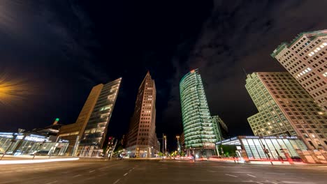 Berlin-city-skyline-night-timelapse-at-Potsdamer-Platz,-Berlin,-Germany,-4K-Time-lapse