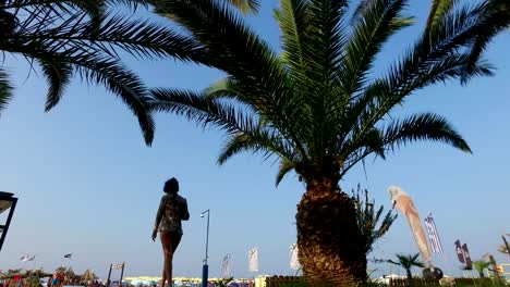 Rear-view-of-Attractive-girl-walking-on-beach-under-palm-trees,-low-angle